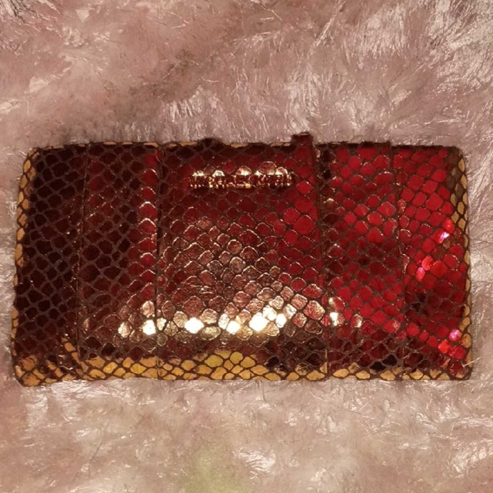 Michael Kors Gold Snake Skin Leather Clutch With Bottom Snap Shoulder Strap